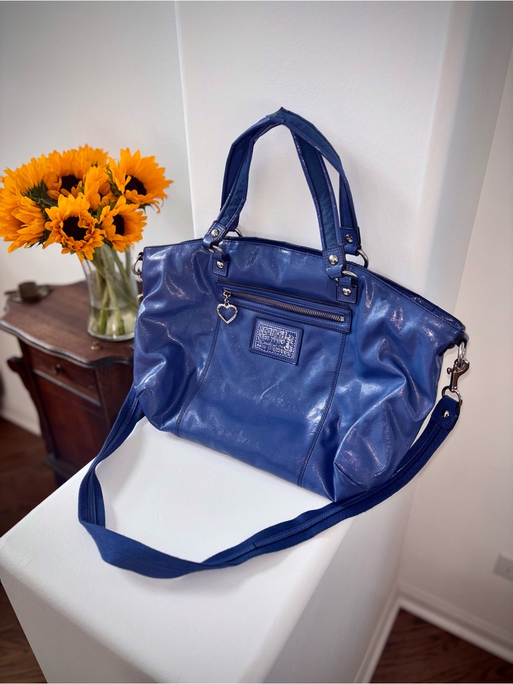 Coach Poppy Blue Patent Leather Tote Shoulder Bag Crossbody F28402 Rehab Project